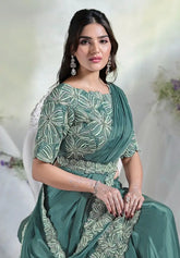 India Silk Teal Green Sarees Made From Crepe Satin Silk Blend Traditional Craftsmanship With A Soft Elegant Texture